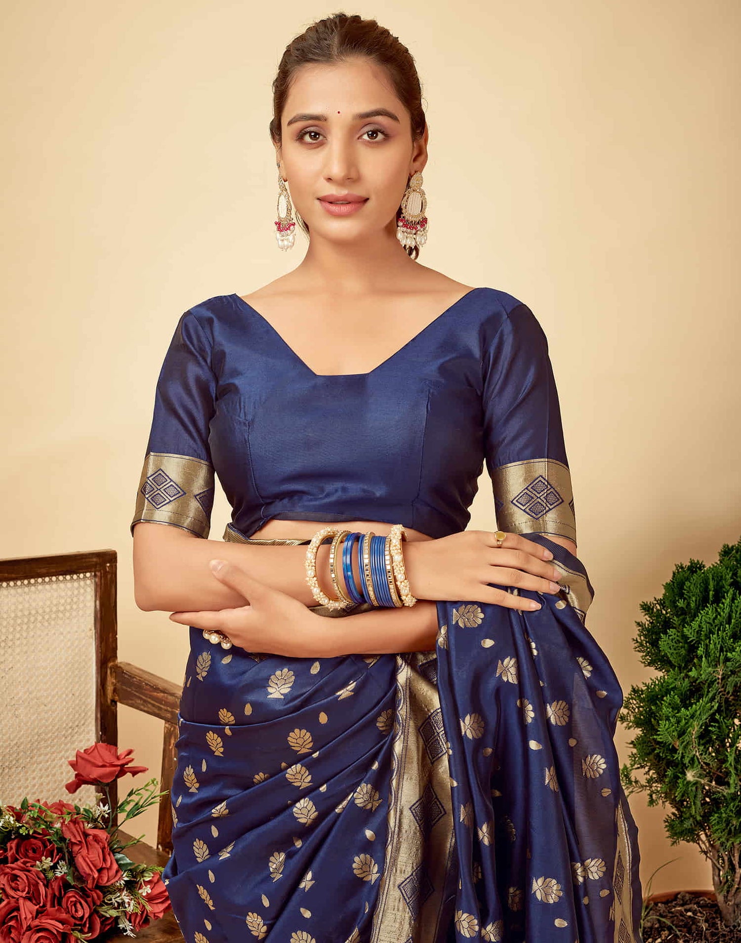 Navy Blue Silk Woven Banarasi Saree