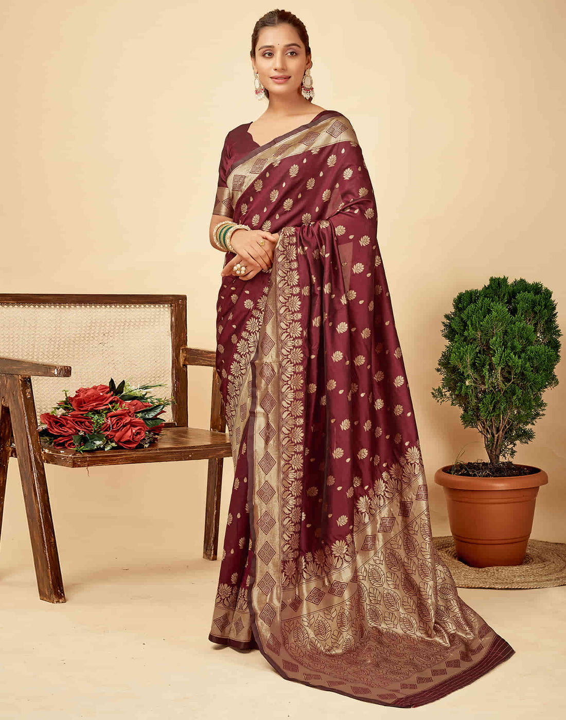 Dark Maroon Silk Woven Banarasi Saree