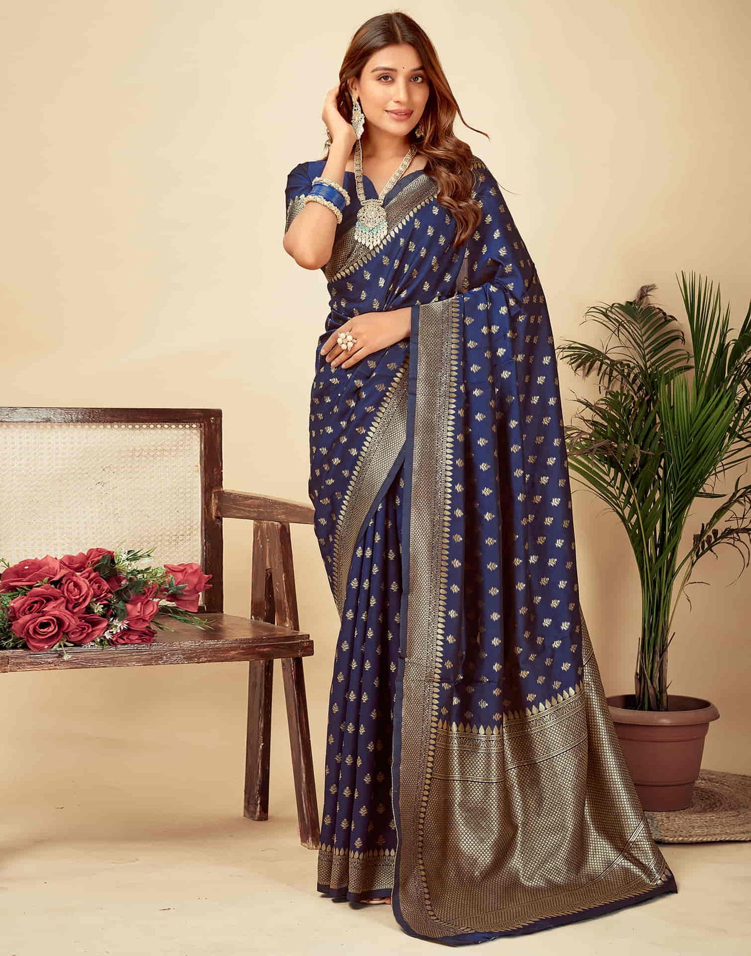 Navy Blue Woven Banarasi Silk Saree