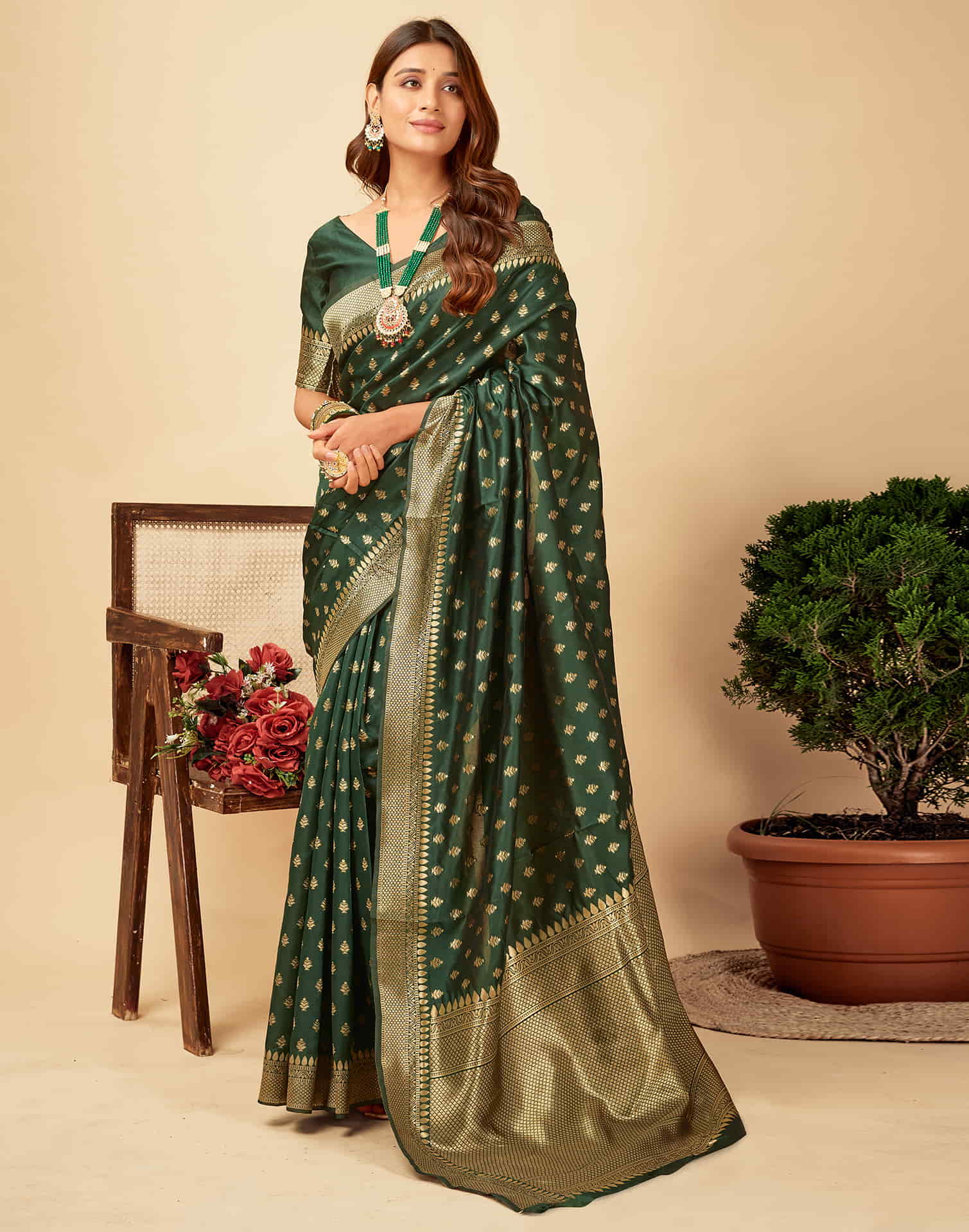 Dark Green Woven Banarasi Silk Saree