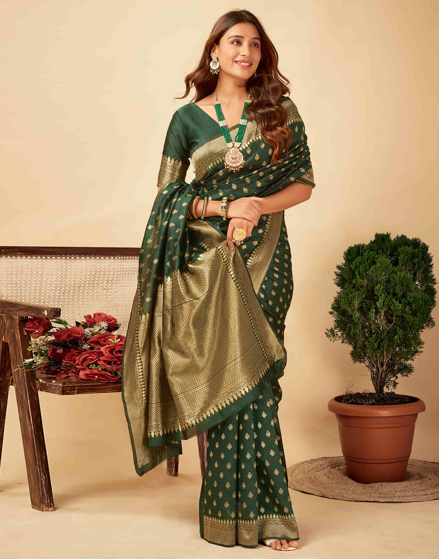 Dark Green Woven Banarasi Silk Saree