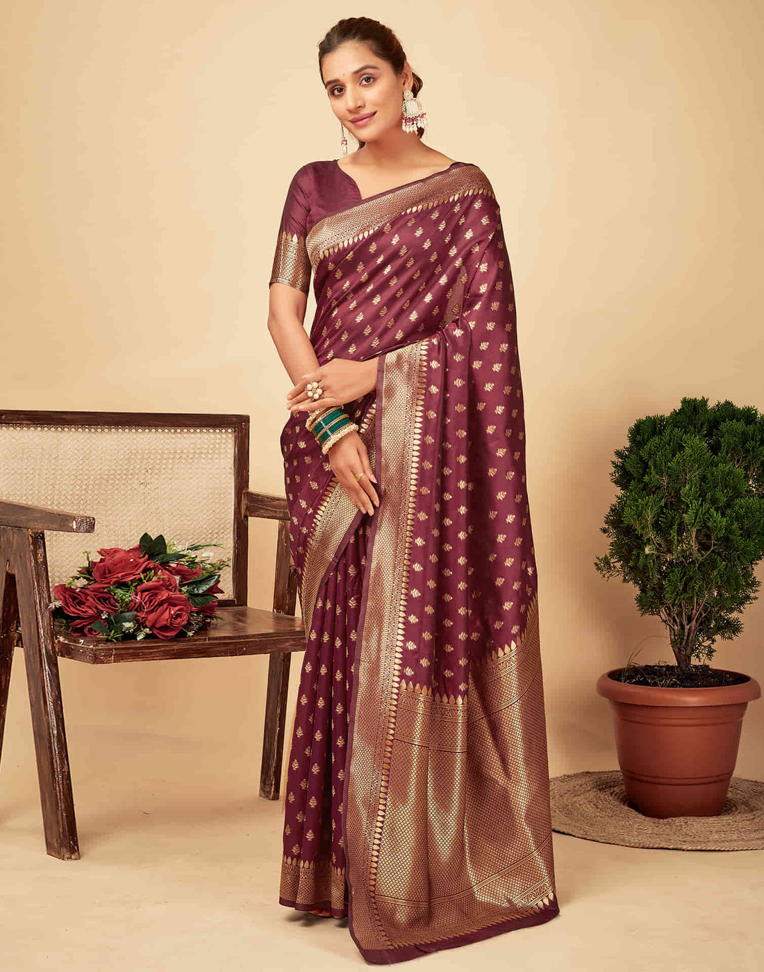 Dark Maroon Woven Banarasi Silk Saree