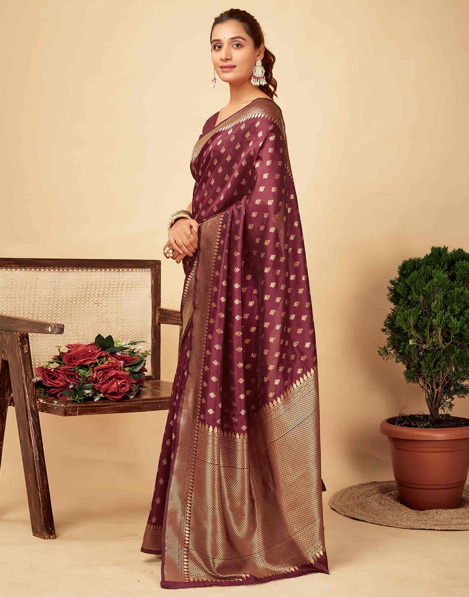 Dark Maroon Woven Banarasi Silk Saree