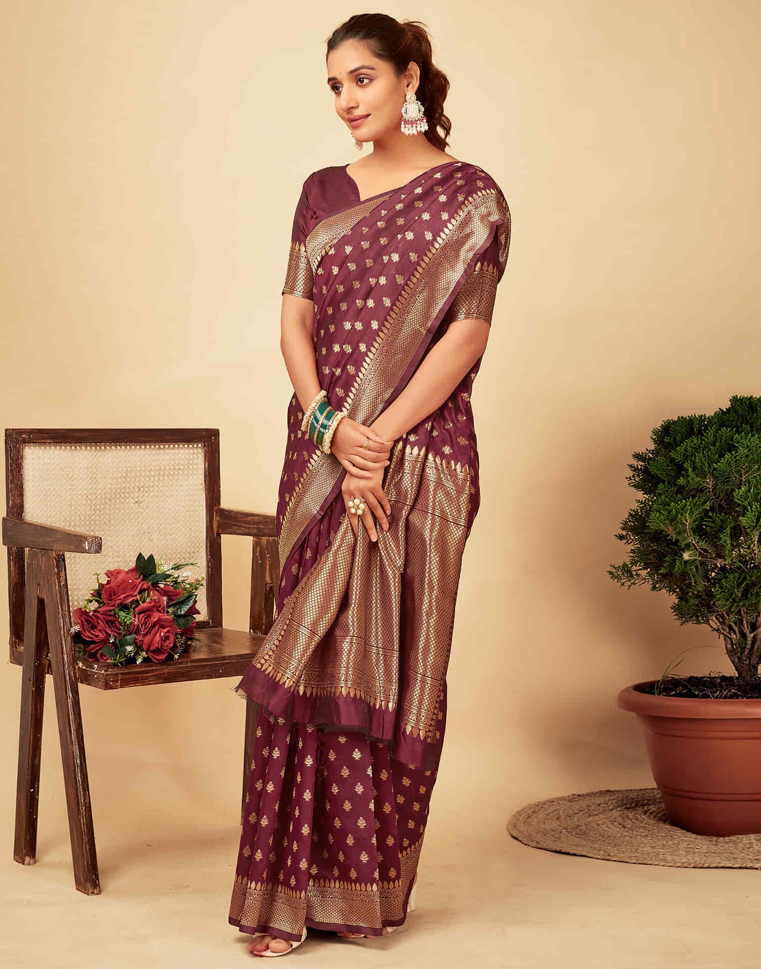 Dark Maroon Woven Banarasi Silk Saree