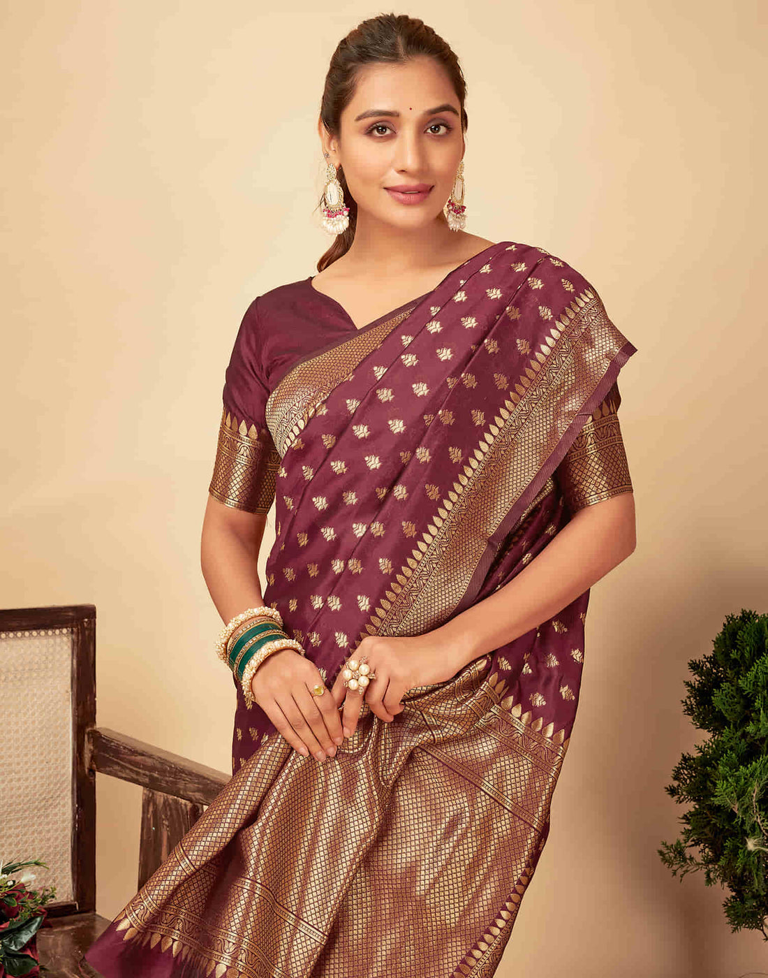 Dark Maroon Woven Banarasi Silk Saree