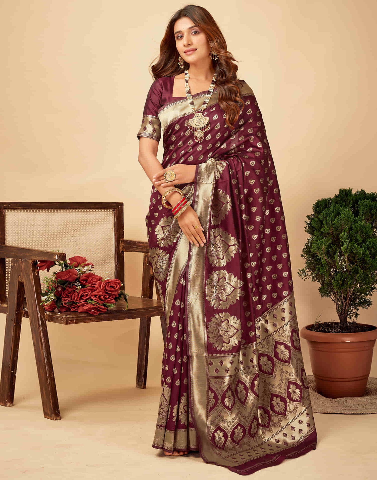 Dark Maroon Banarasi Silk Saree