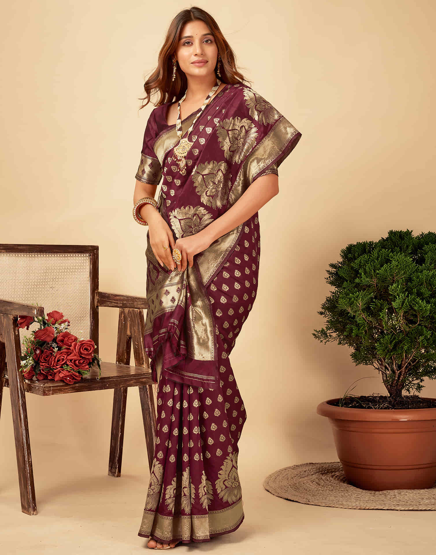 Dark Maroon Banarasi Silk Saree