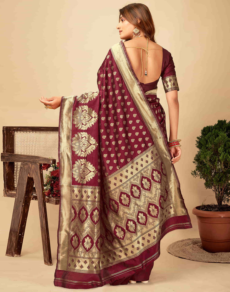 Dark Maroon Silk Woven Banarasi Saree