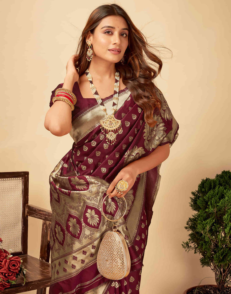 Dark Maroon Silk Woven Banarasi Saree
