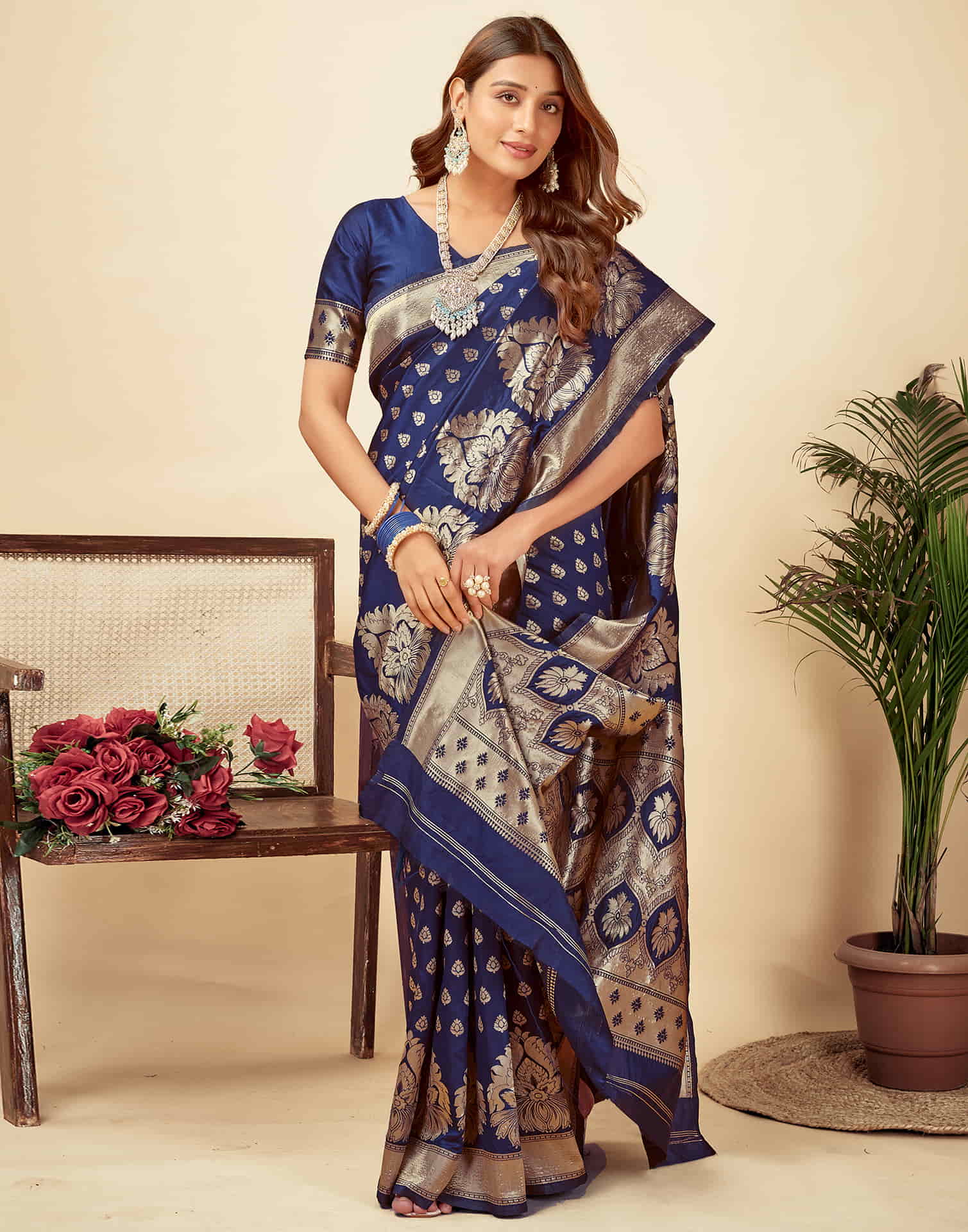 Navy Blue Woven Banarasi Silk Saree