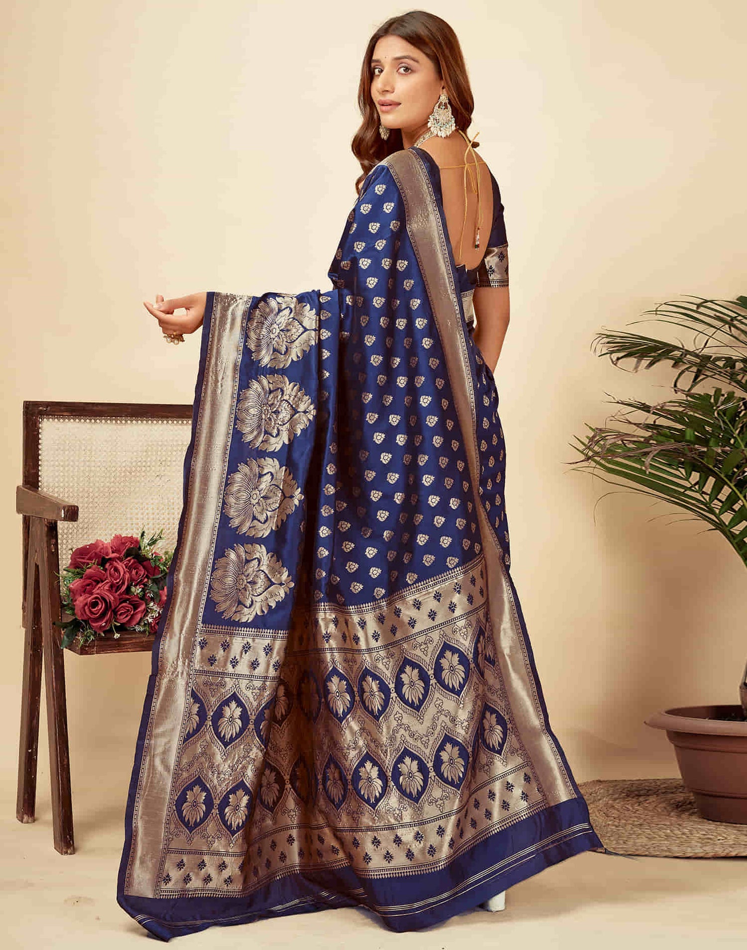 Navy Blue Woven Banarasi Silk Saree