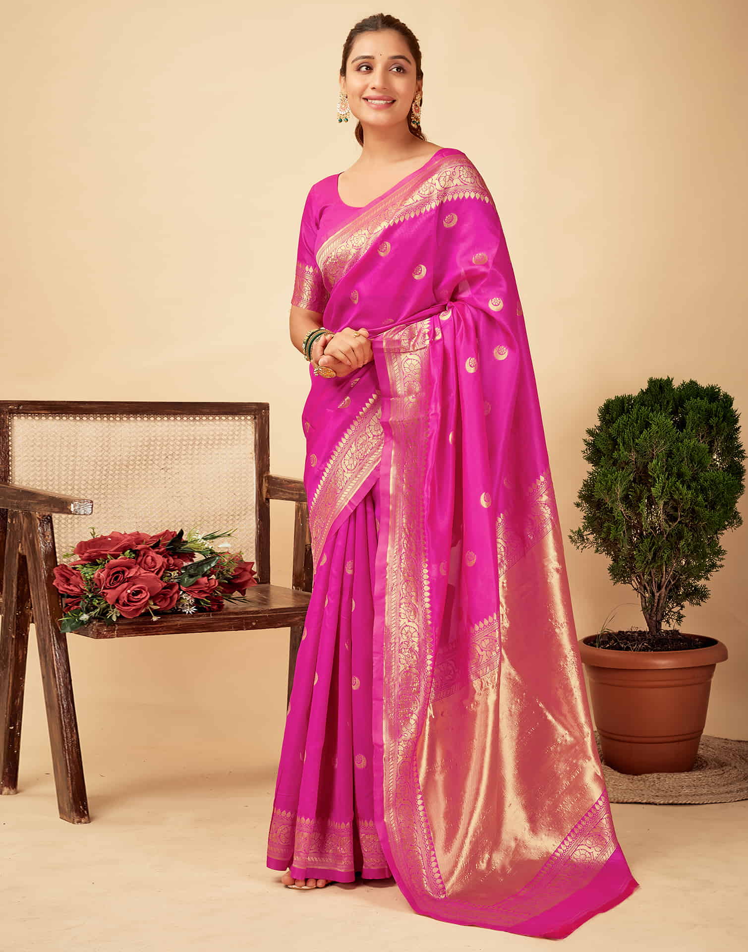 Pink Silk Woven Banarasi Saree