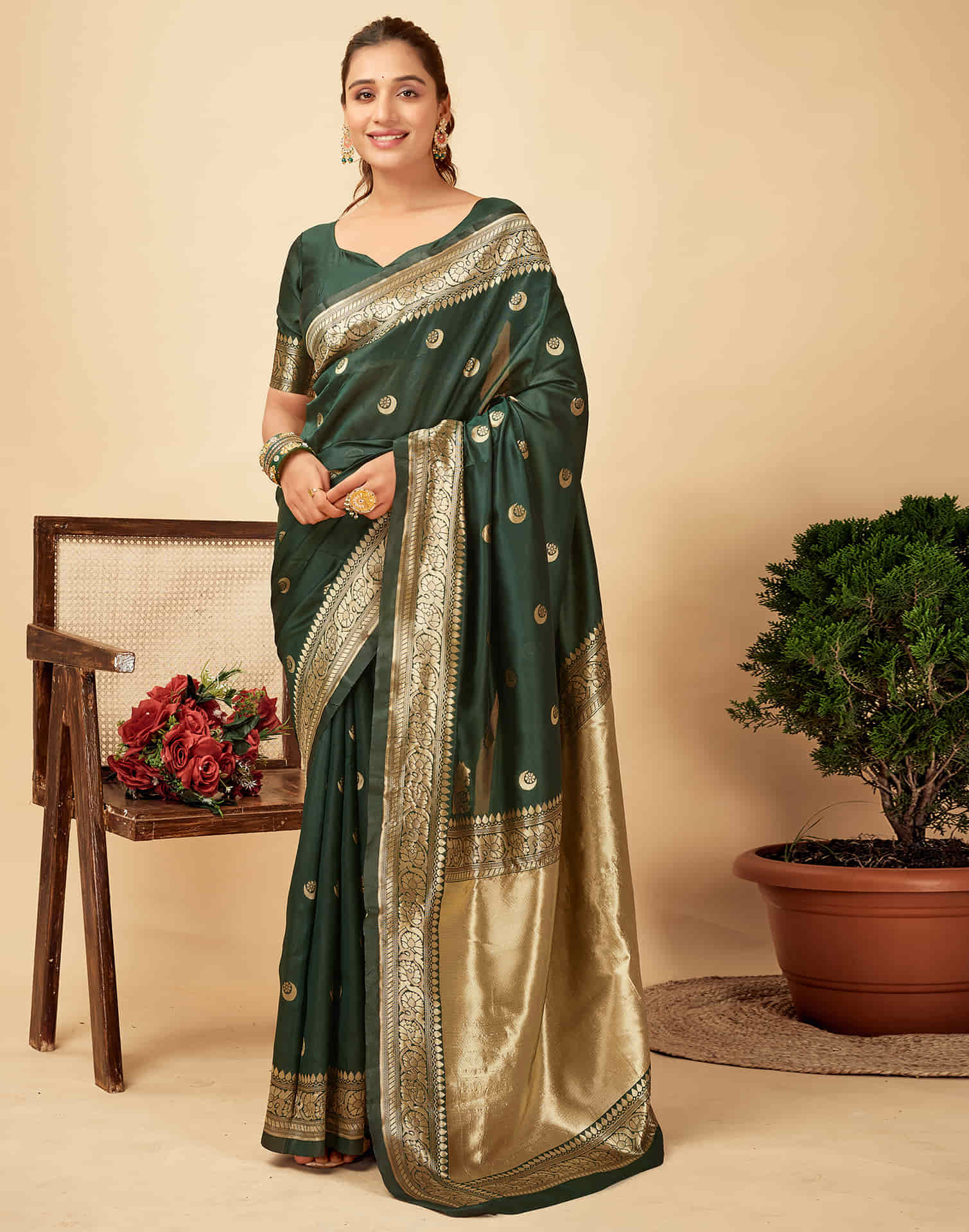 Dark Green Silk Banarasi Saree