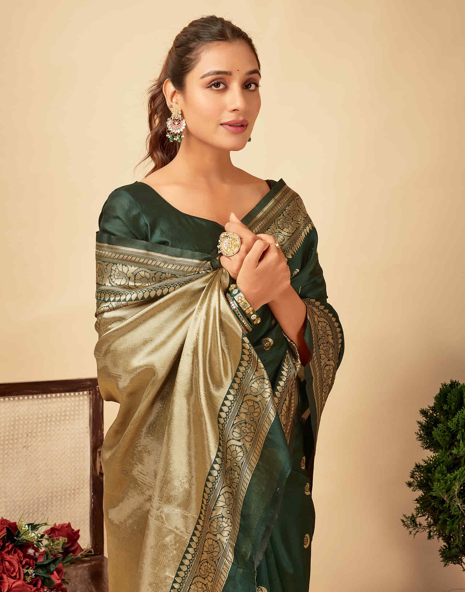 Dark Green Silk Woven Banarasi Saree