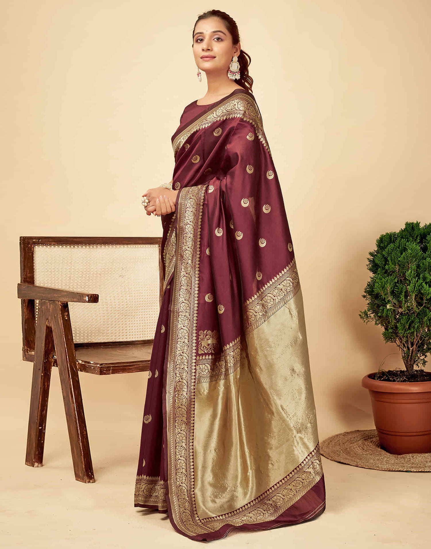 Dark Maroon Silk Woven Banarasi Saree