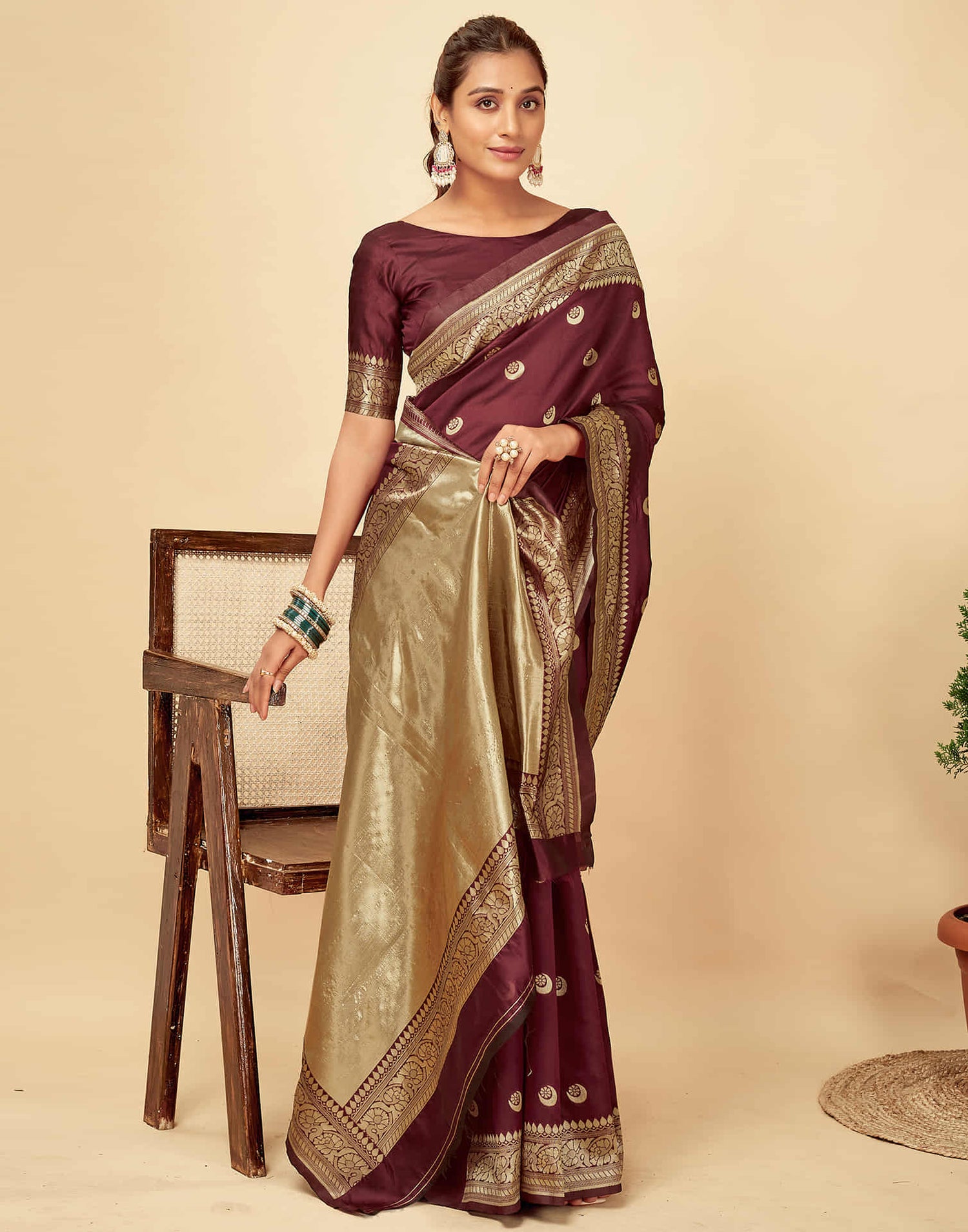 Dark Maroon Silk Woven Banarasi Saree