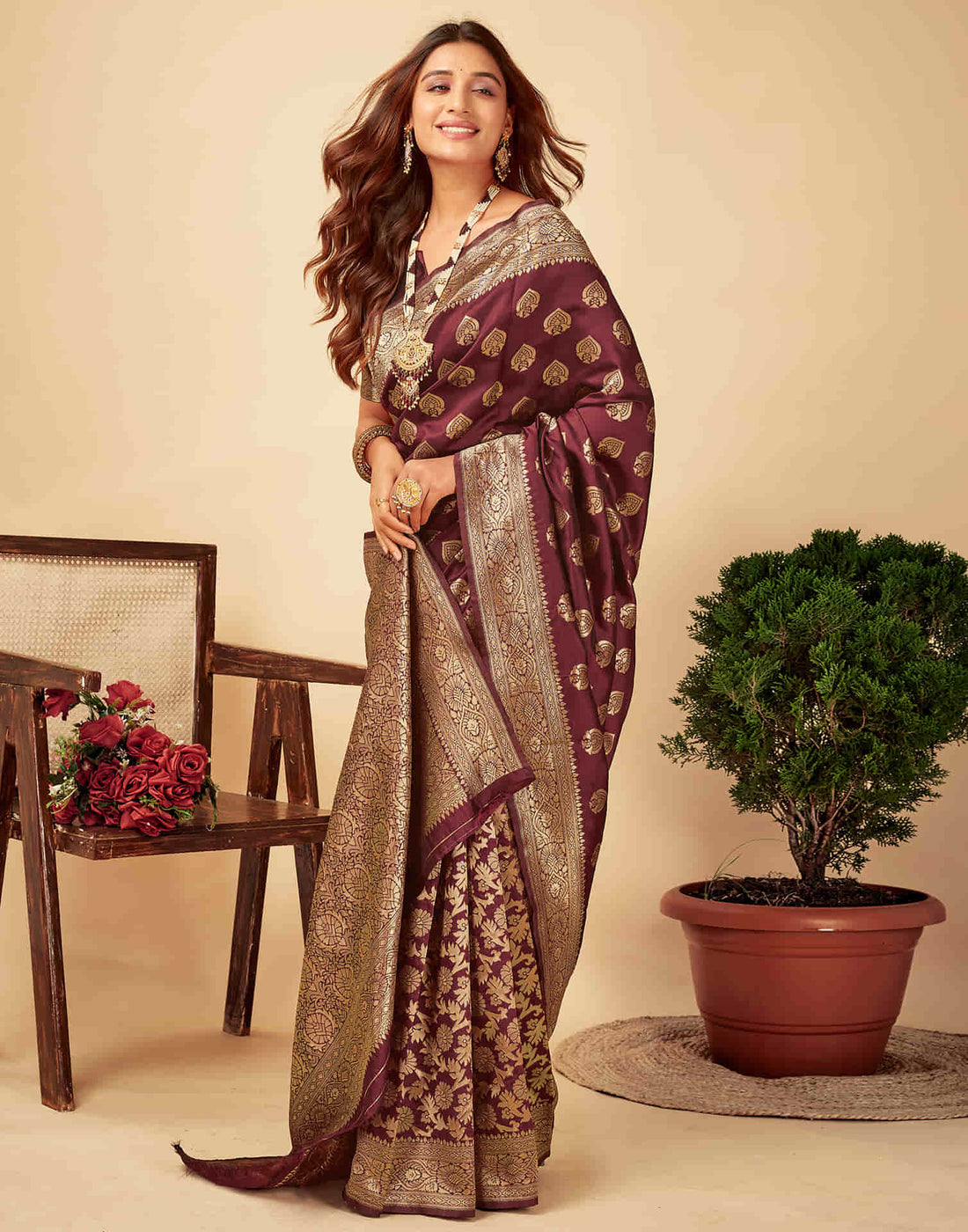 Dark Maroon Silk Woven Banarasi Saree