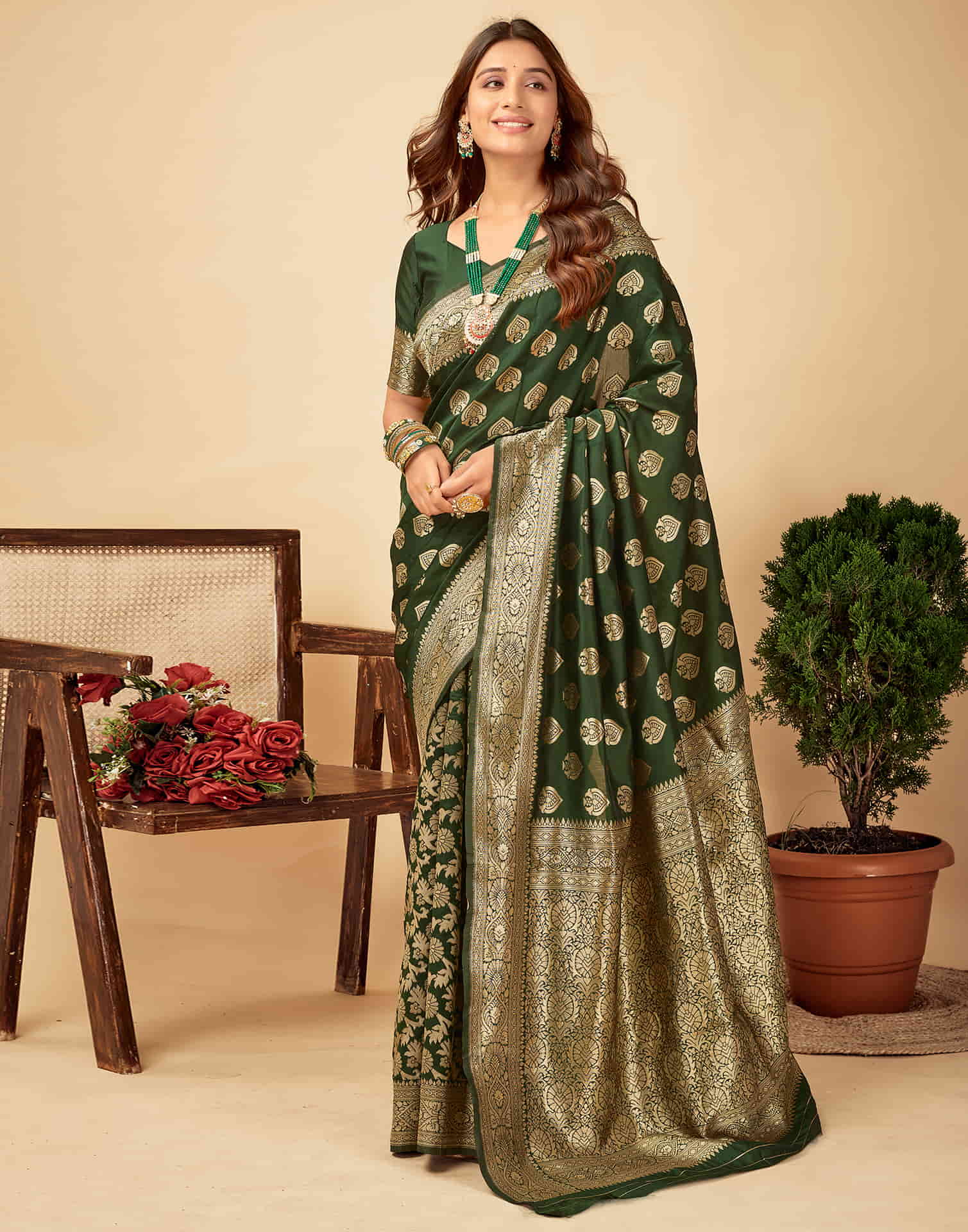 Dark Green Woven Banarasi Silk Saree