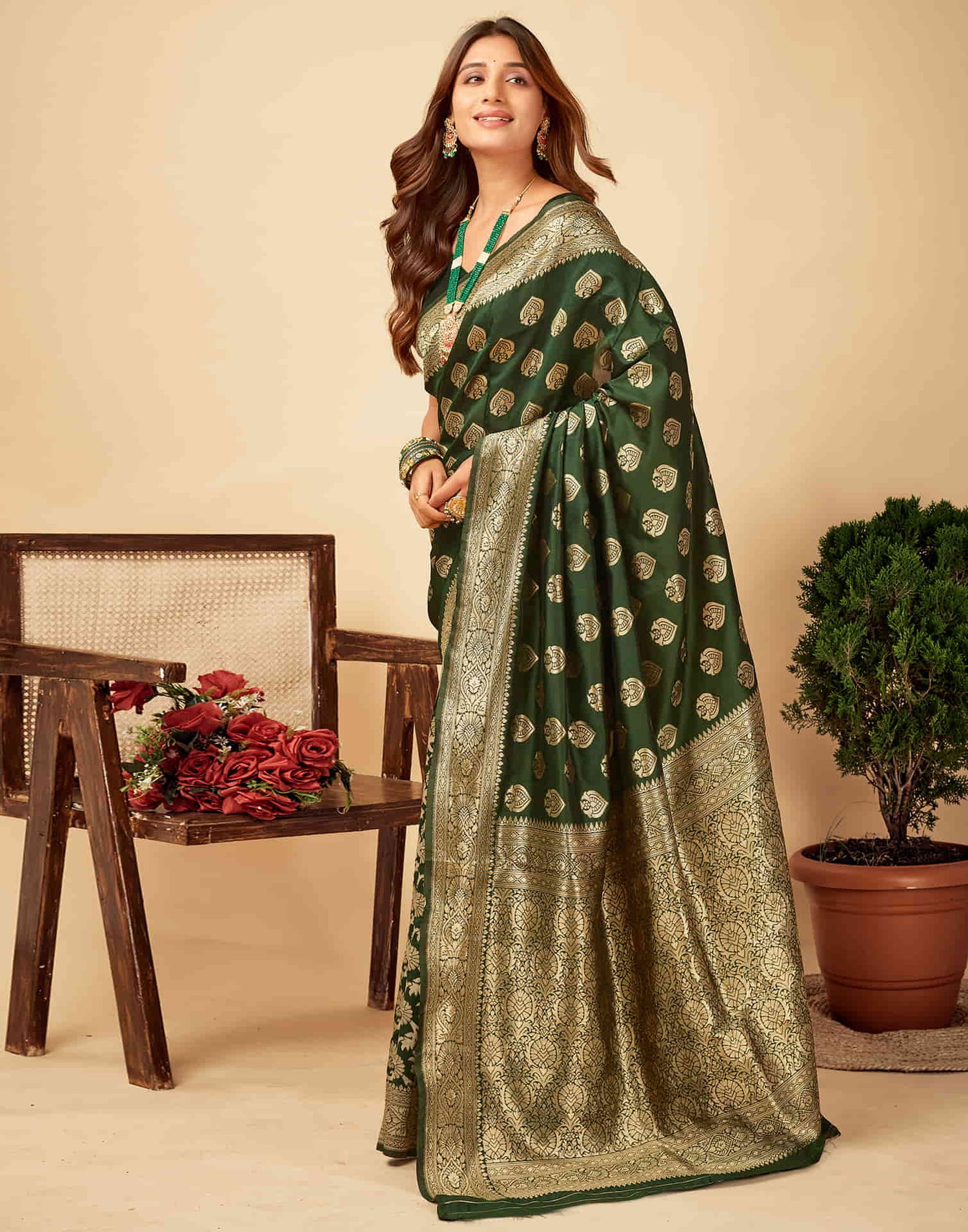 Dark Green Woven Banarasi Silk Saree