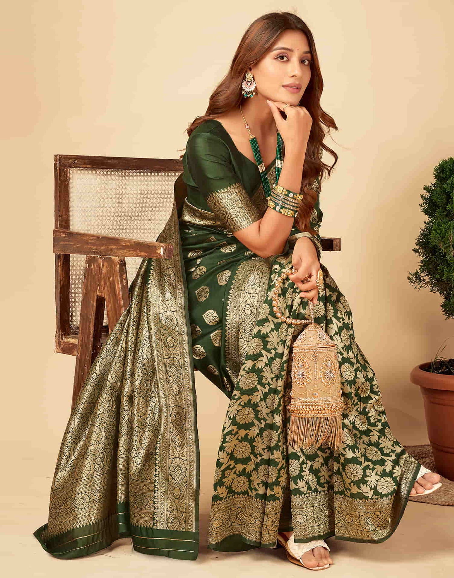 Dark Green Woven Banarasi Silk Saree