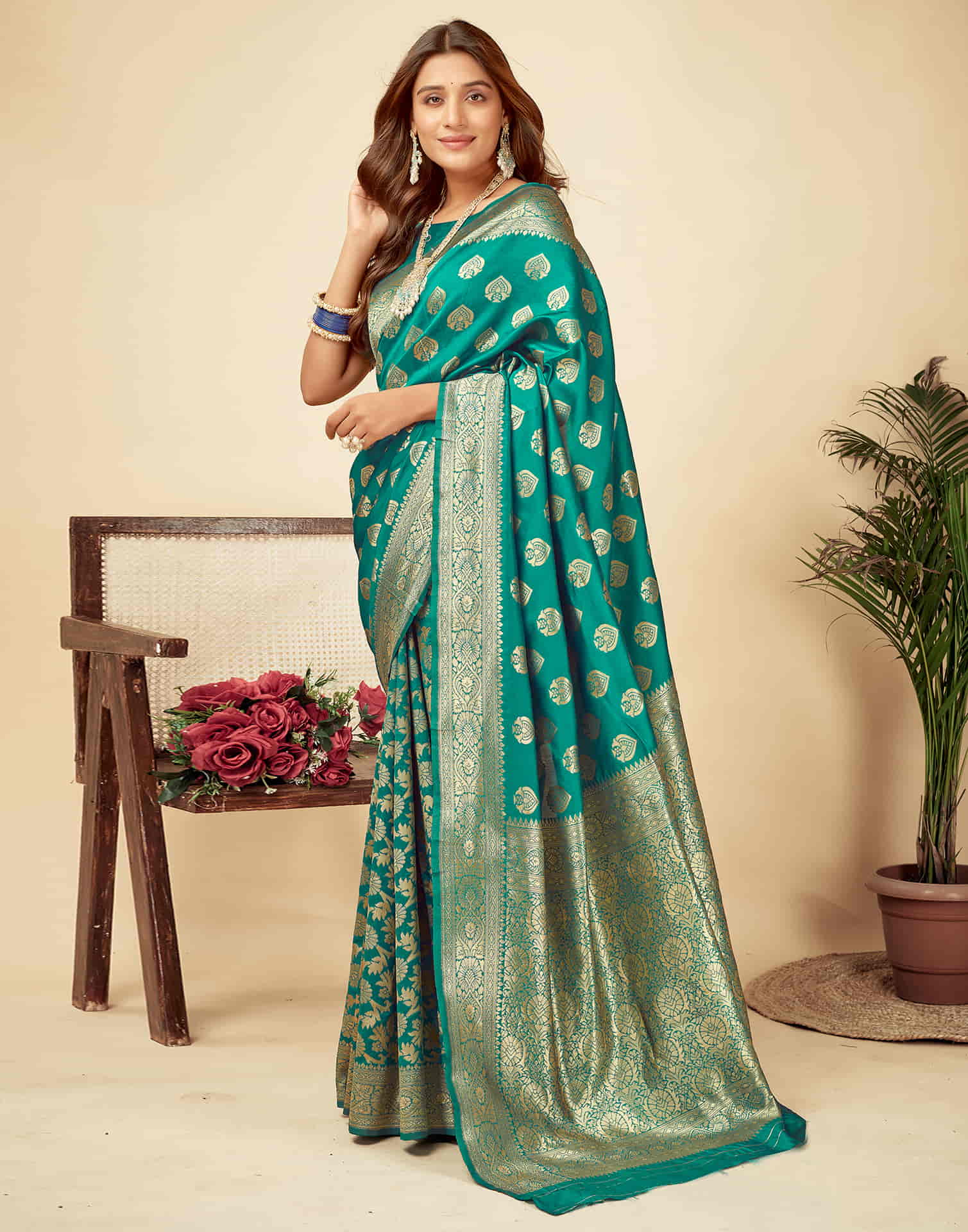 Teal Green Silk Woven Banarasi Saree