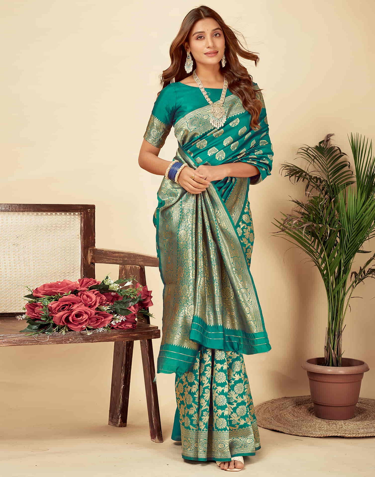 Teal Green Silk Woven Banarasi Saree