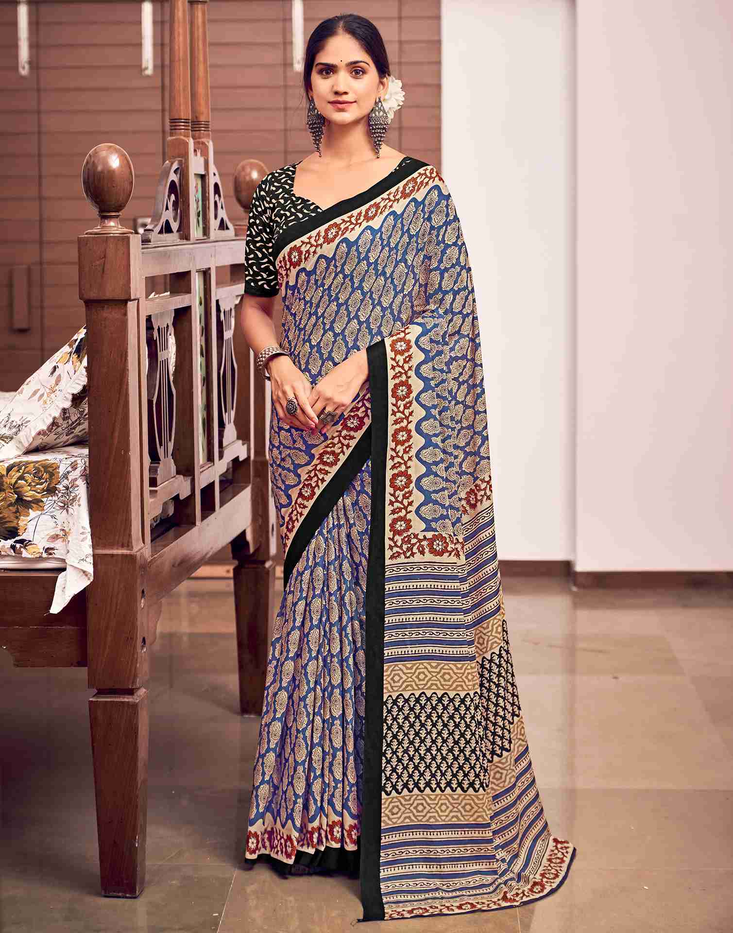 Cream Cotton Printed Saree