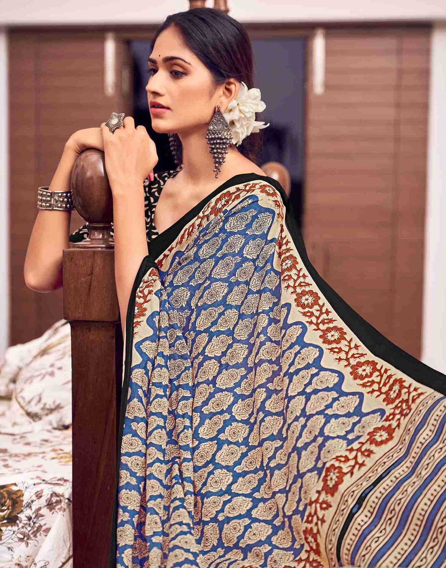 Cream Cotton Printed Saree