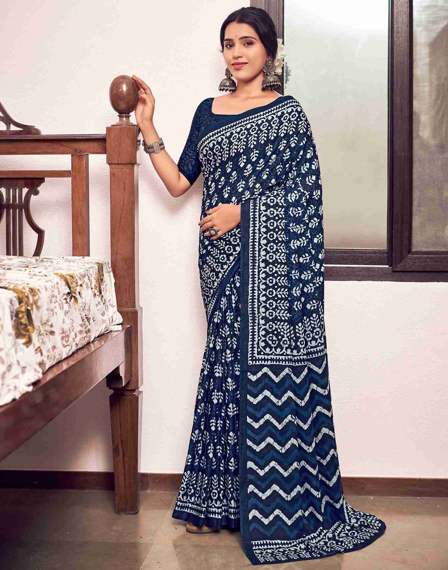 Navy Blue Cotton Printed Saree