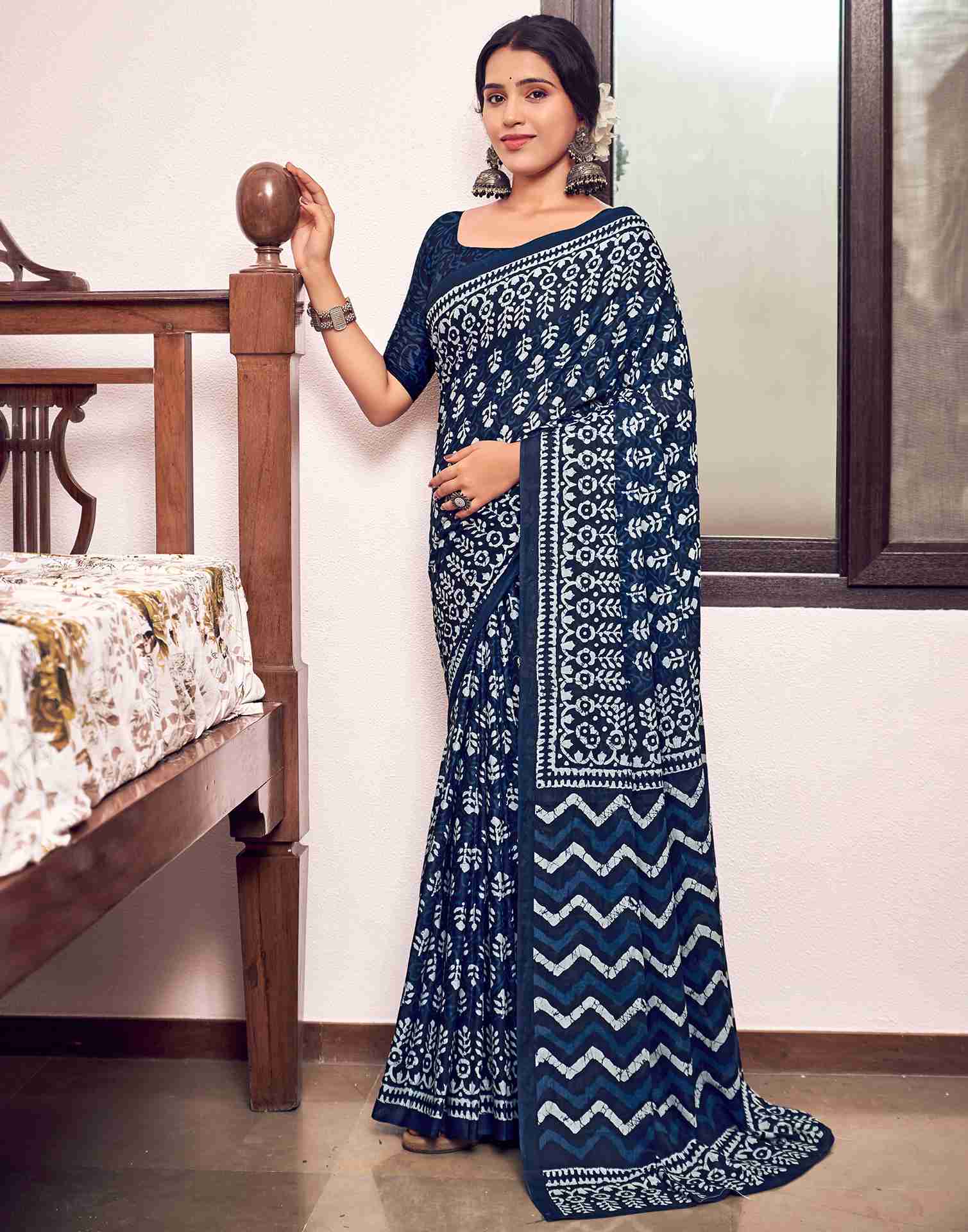 Navy Blue Cotton Printed Saree