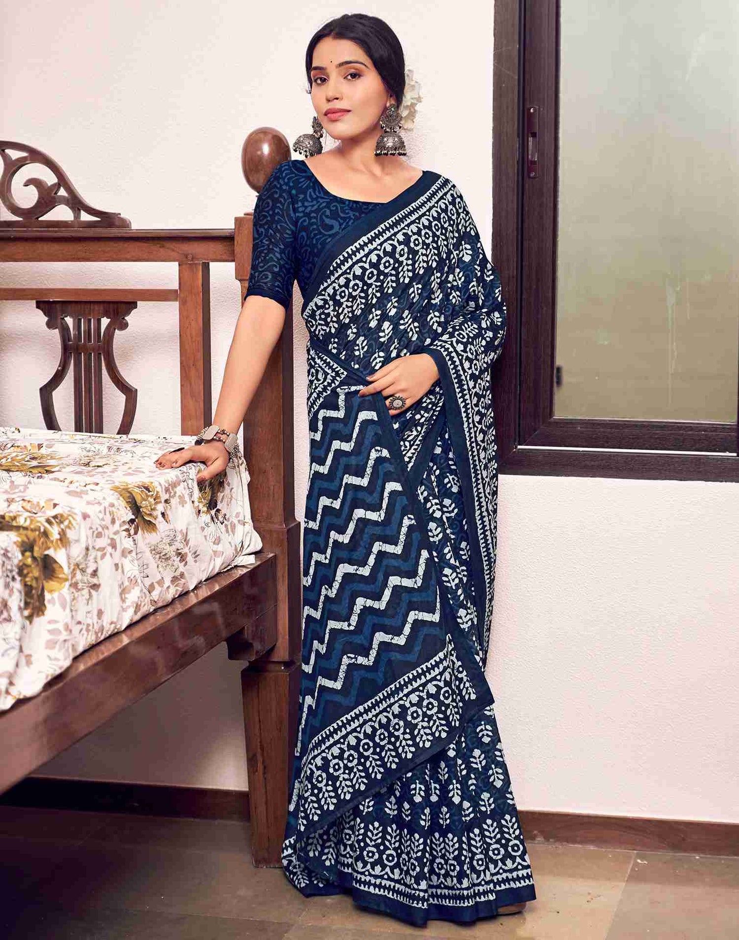 Navy Blue Cotton Printed Saree