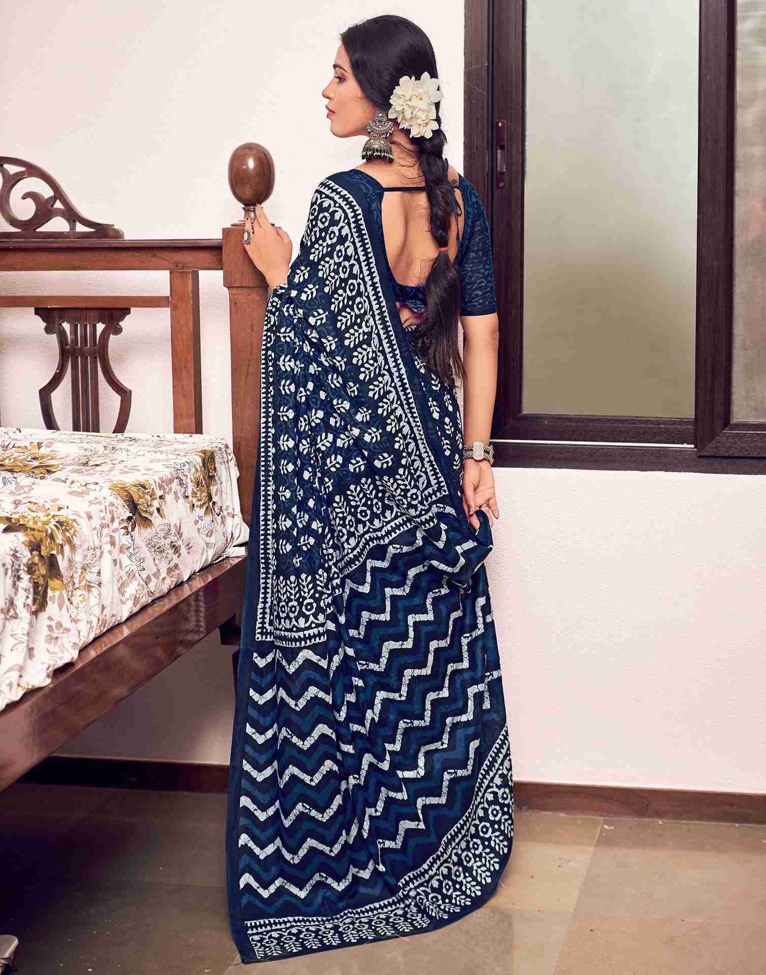 Navy Blue Cotton Printed Saree