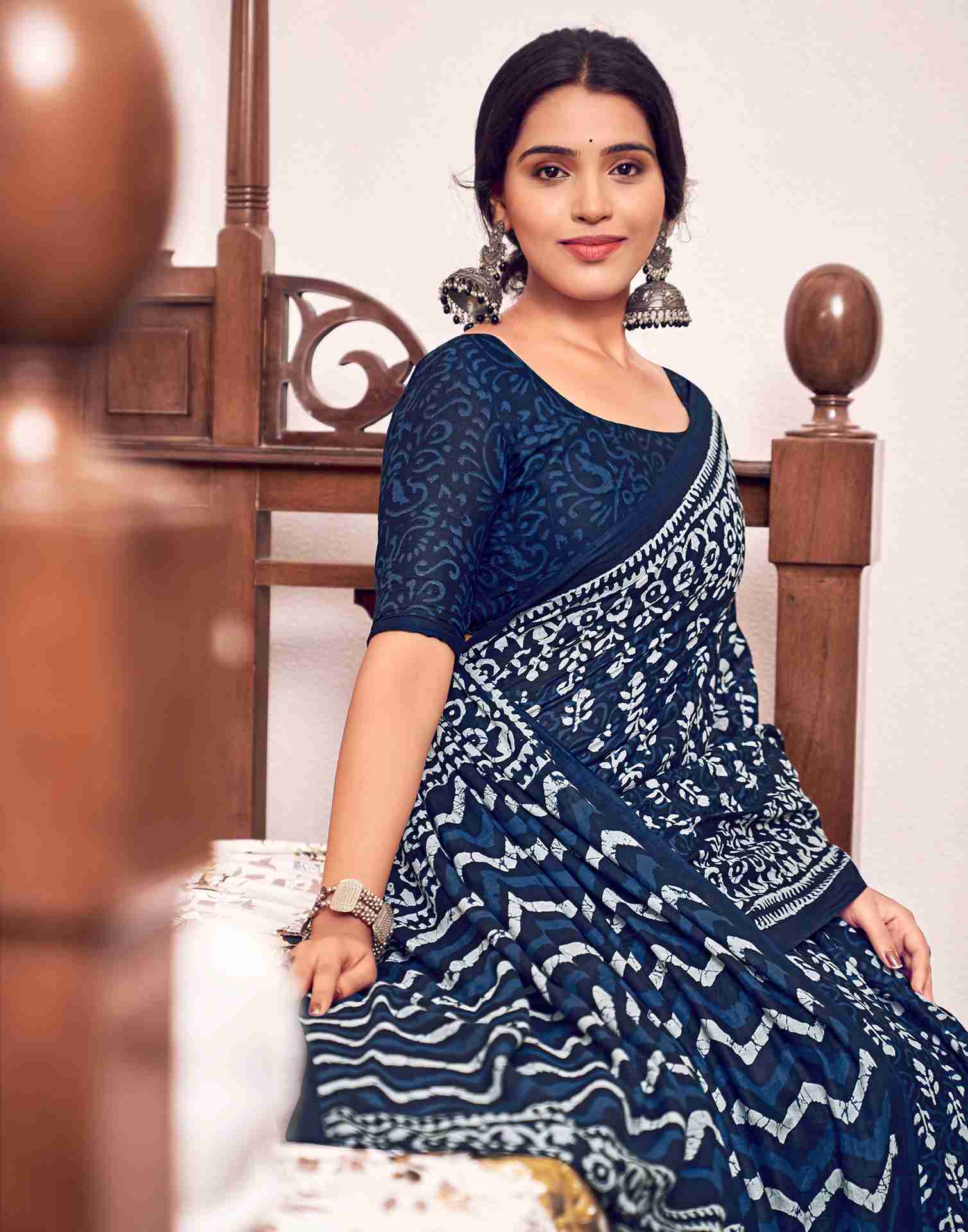 Navy Blue Cotton Printed Saree