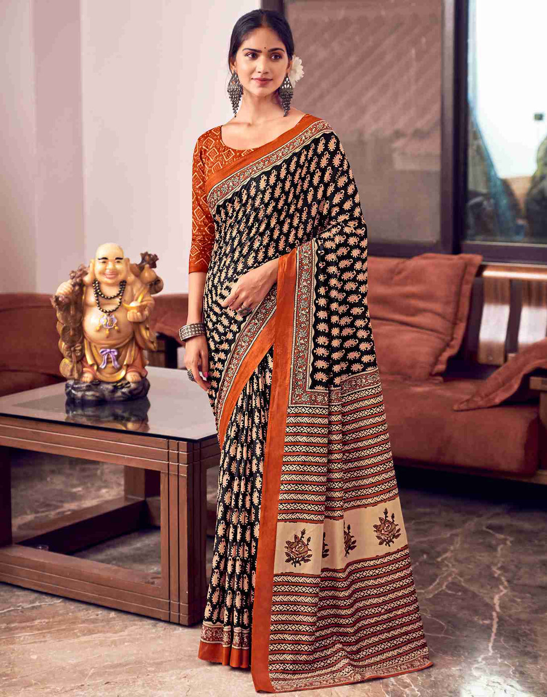 Cream Cotton Printed Saree