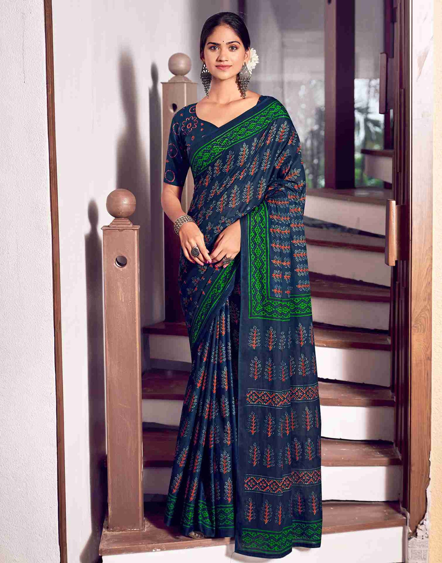 Navy Blue Cotton Printed Saree