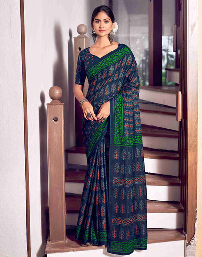 Navy Blue Cotton Printed Saree