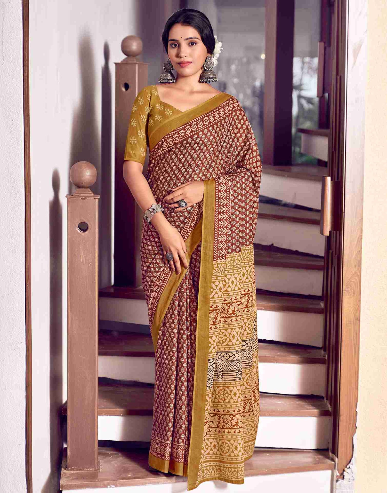 Brown Cotton Printed Saree