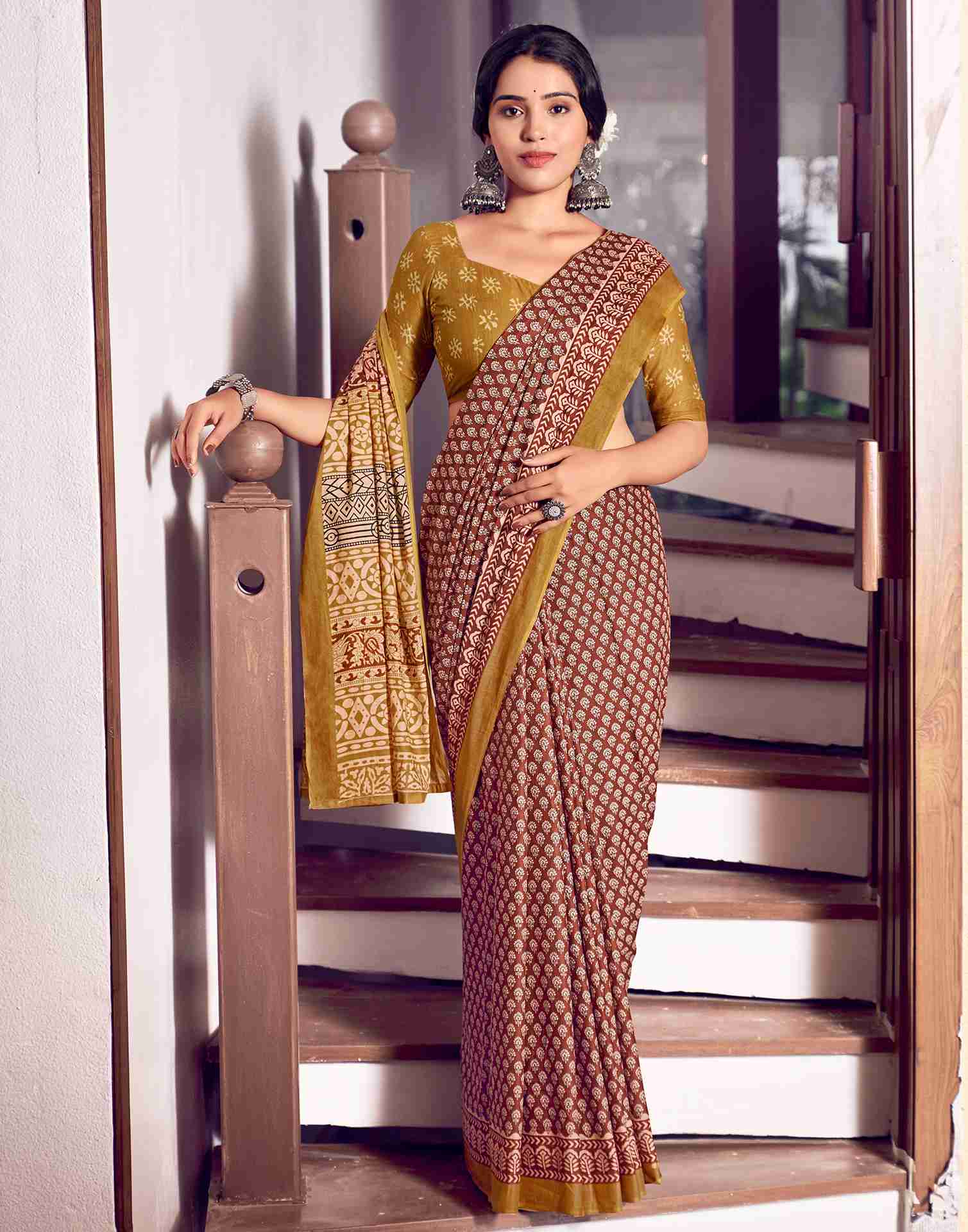 Brown Cotton Printed Saree