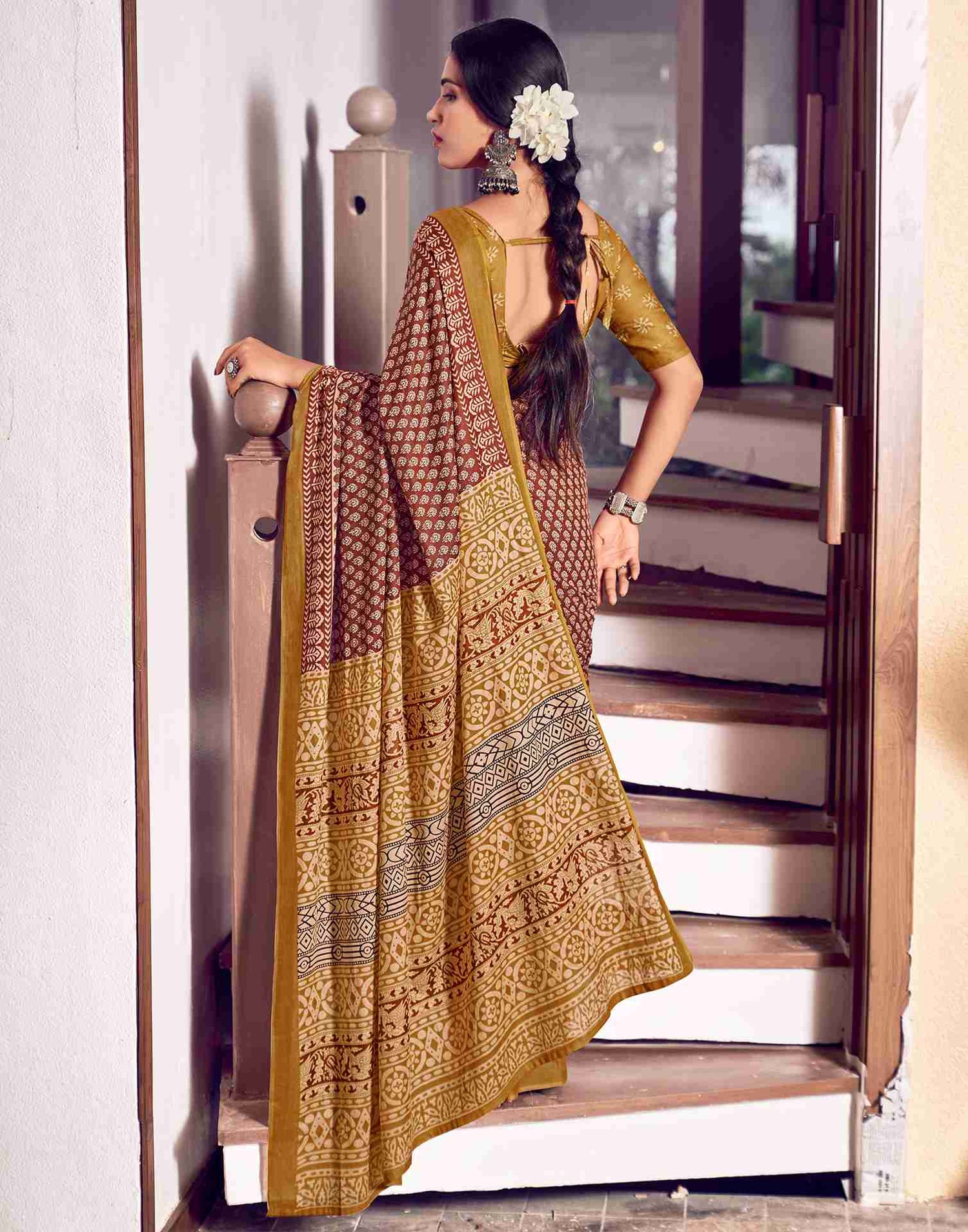 Brown Cotton Printed Saree