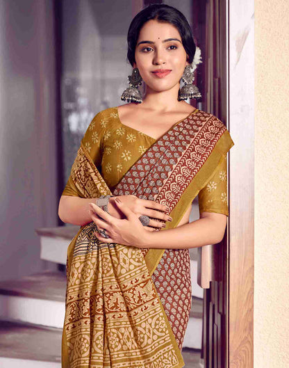 Brown Cotton Printed Saree