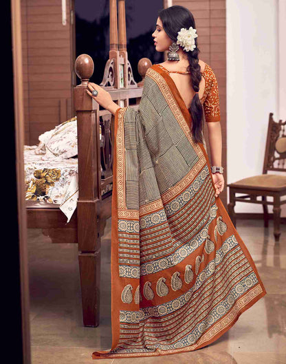 Chestnut Brown Cotton Geometric Printed Saree