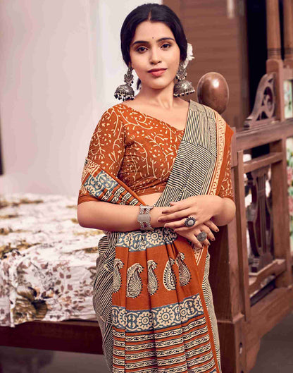 Chestnut Brown Cotton Geometric Printed Saree