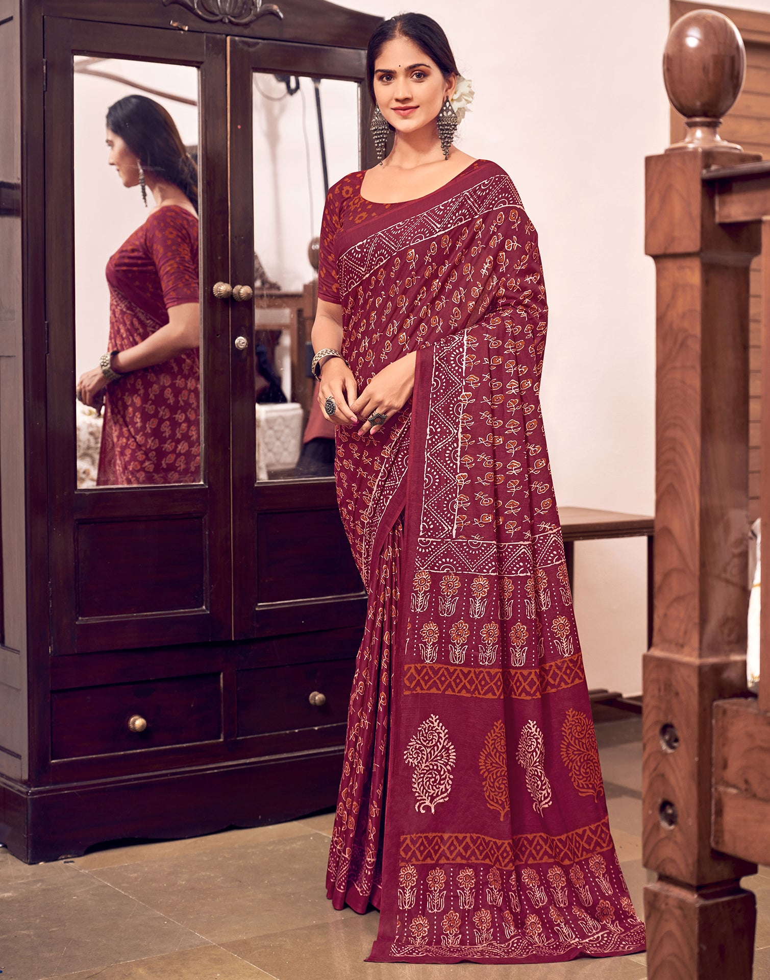 Wine Cotton Printed Saree