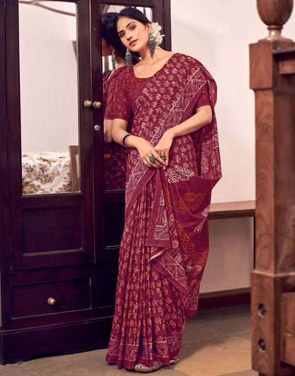 Wine Cotton Printed Saree