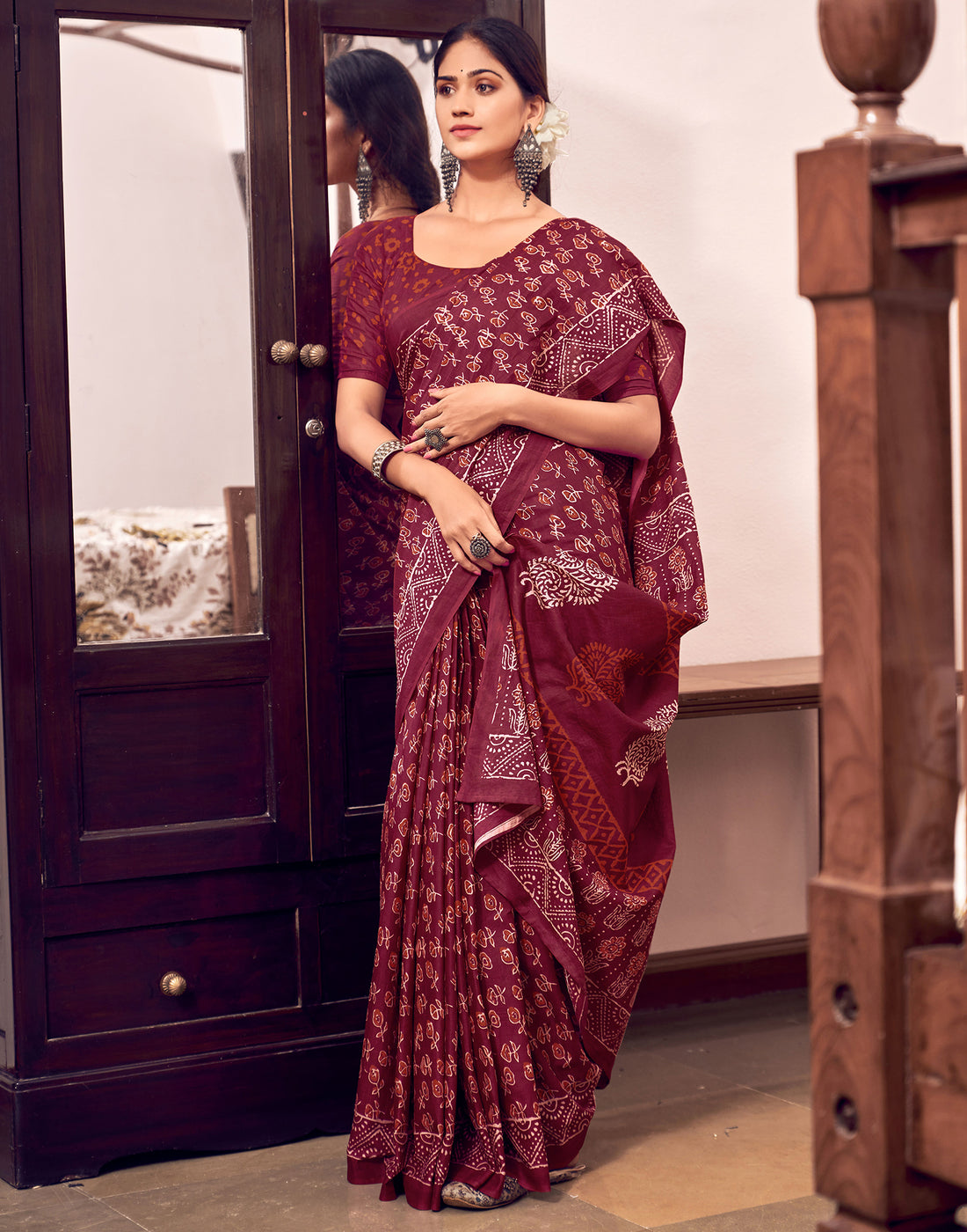 Wine Cotton Printed Saree