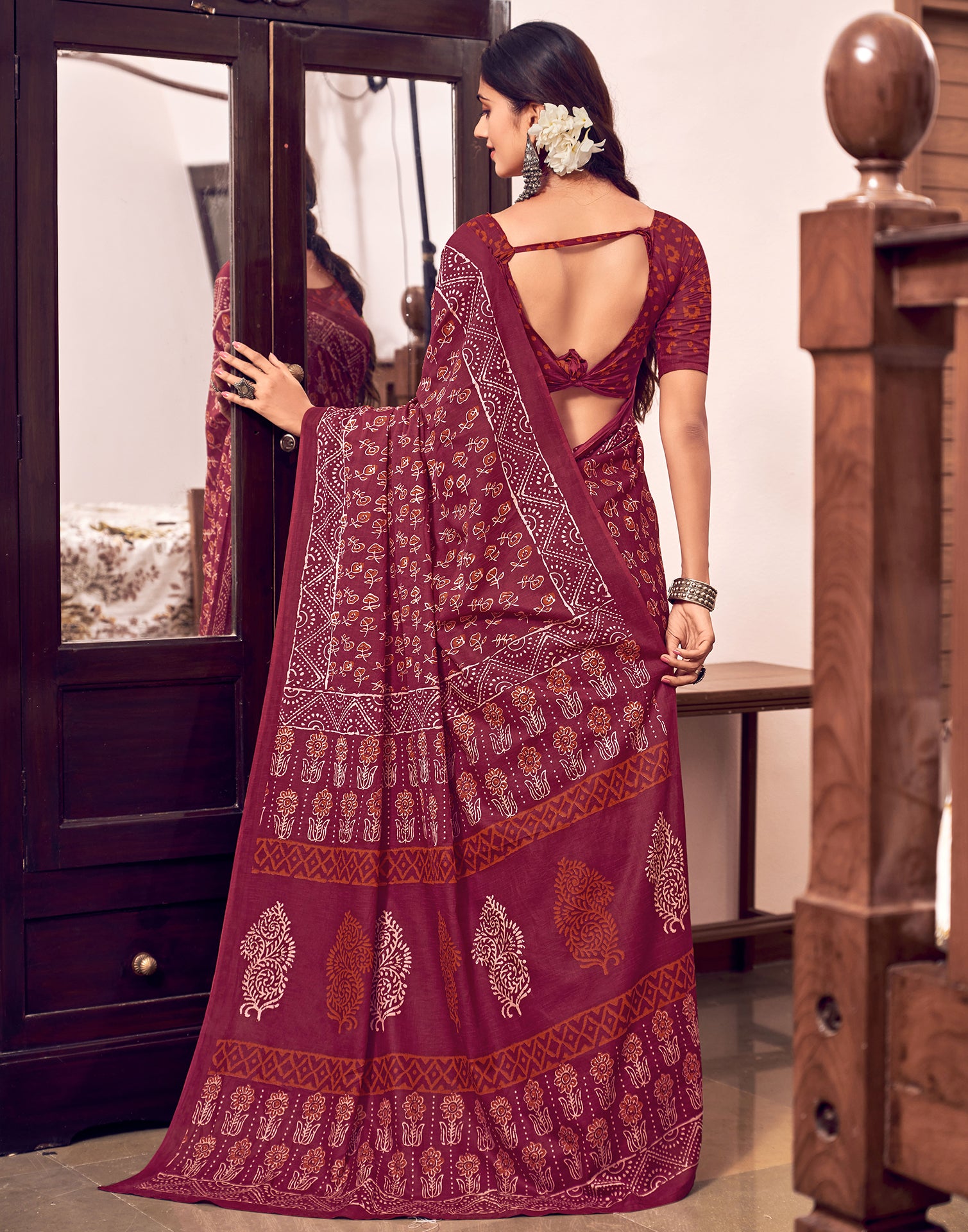 Wine Cotton Printed Saree