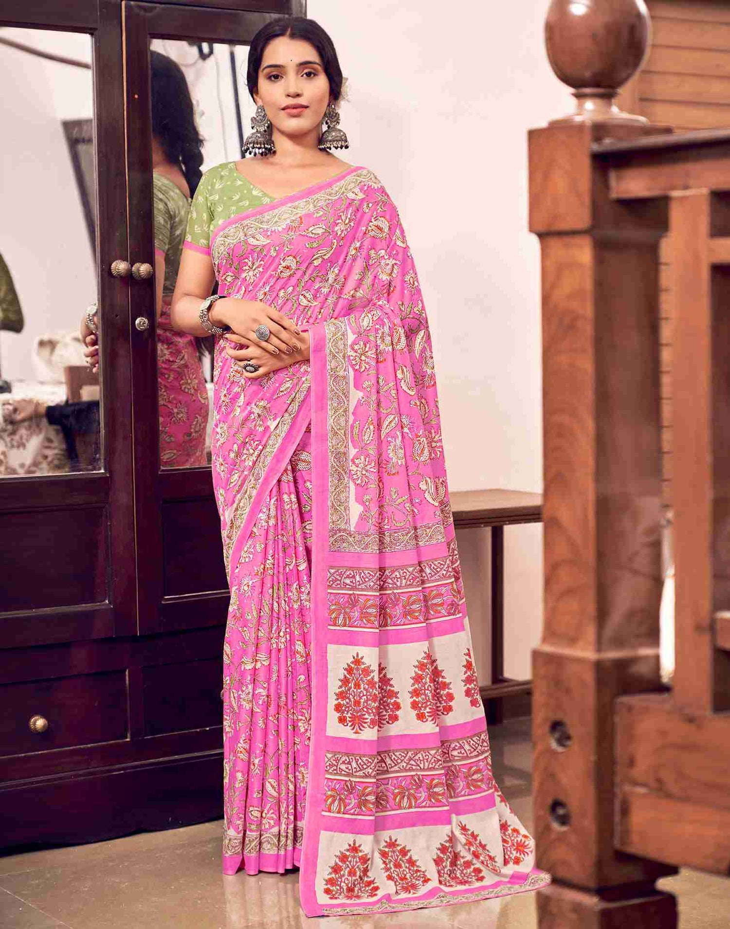 Pink Cotton Printed Saree