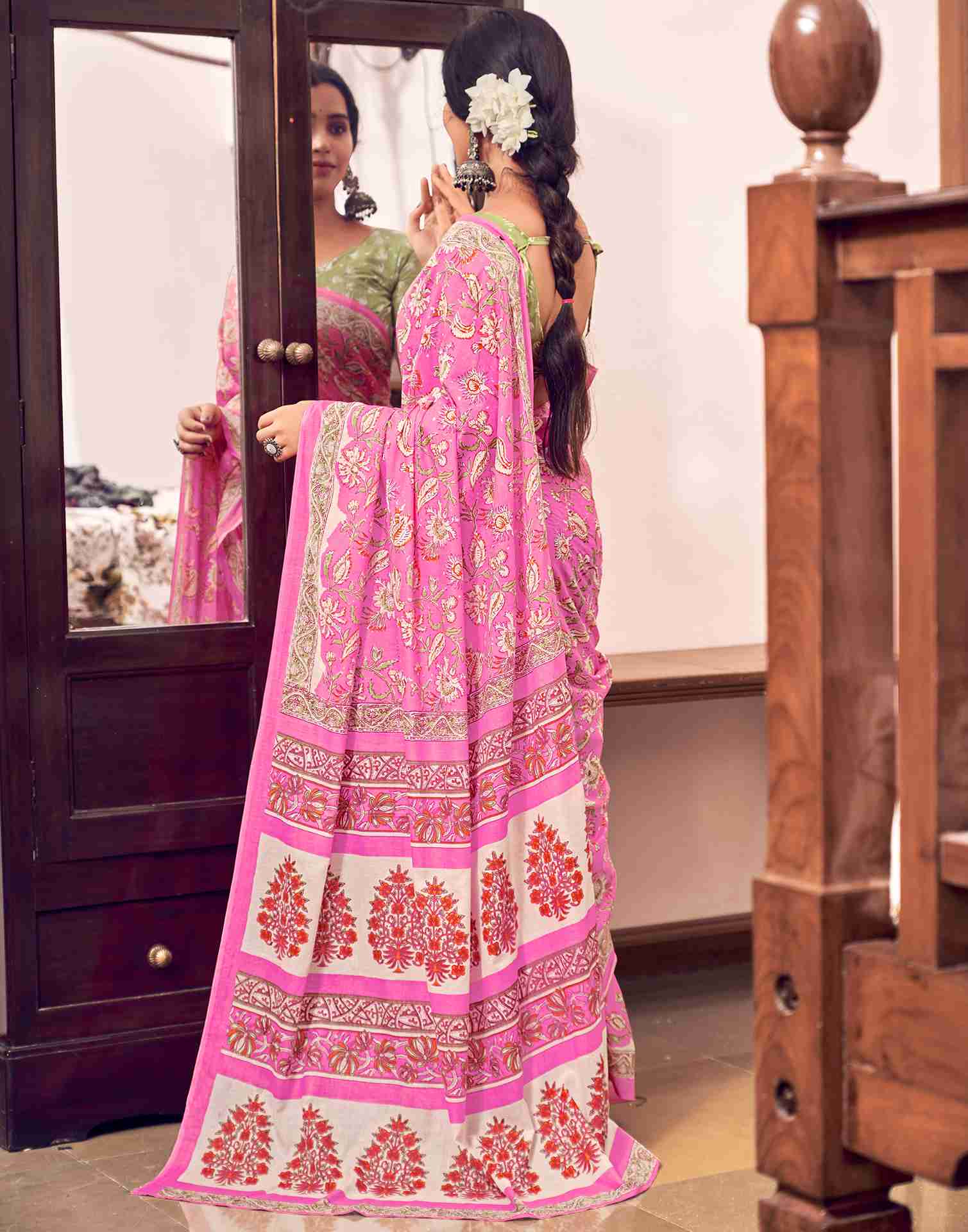 Pink Cotton Printed Saree