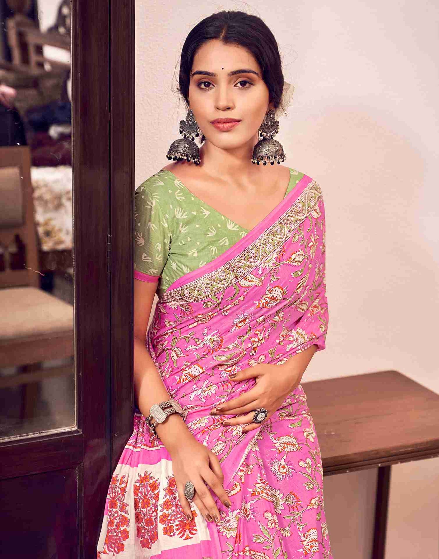 Pink Cotton Printed Saree