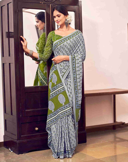 Grey Cotton Geometric Printed Saree